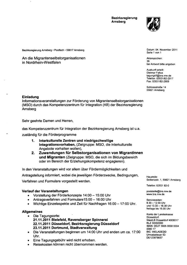 Einladung des Kompetenzzentrums für Integration der Bezirksregierung Arnsberg