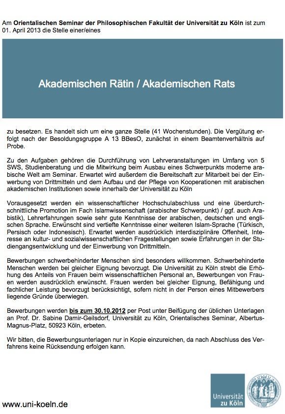 Stellenausschreibung: Akademische Rätin/ Akademischer Rat, Universität Köln
