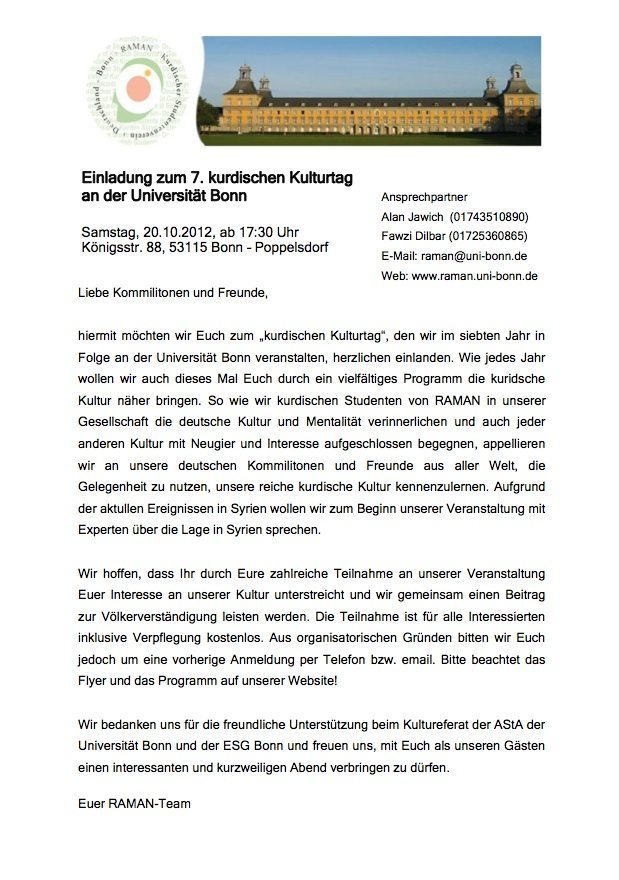 Raman: Einladung zum 7. kurdischen Kulturtag an der Universität Bonn