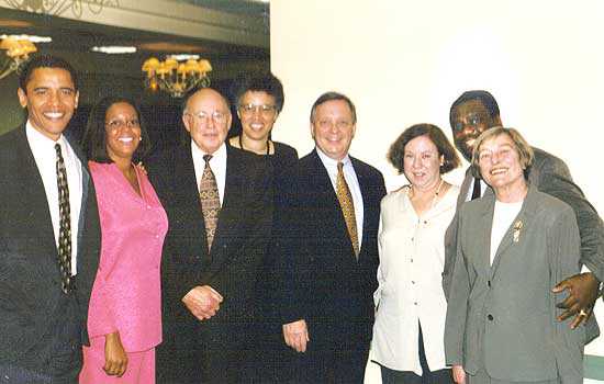 An annual dinner several years ago at the Blue Gargoyle, a nonprofit organization at which Rabbi Capers C. Funnye Jr. was executive director. U.S. Senator Richard (Dick) Durbin, fourth from right, was the guest speaker, and State Senator Barack Obama, far left, was a guest. Photo courtesy Rabbi Capers C. Funnye Jr.