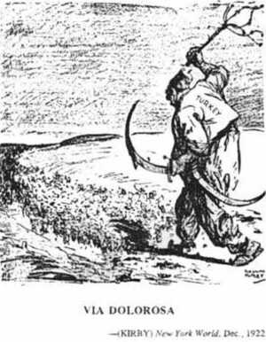 Typically biased editorial cartoon depicting  The Armenian "Genocide" from the period; the sword  won't do without the blood spillage, of course 