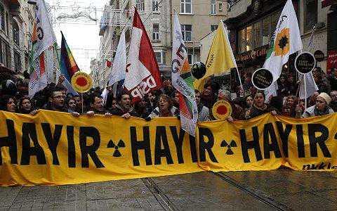 Activists march during a protest against the Turkish government's plans to build a nuclear power plant in the country in Istanbul March 19, 2011. The banner reads, "No no no."