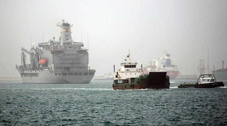 The US warship Joshua Humphreys is seen docked at Jabil Ali along with other NATO ships