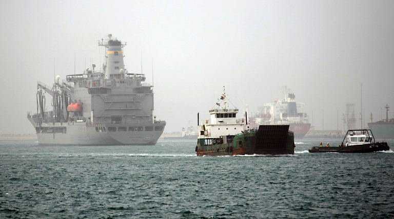 The US warship Joshua Humphreys is seen docked at Jabil Ali along with other NATO ships