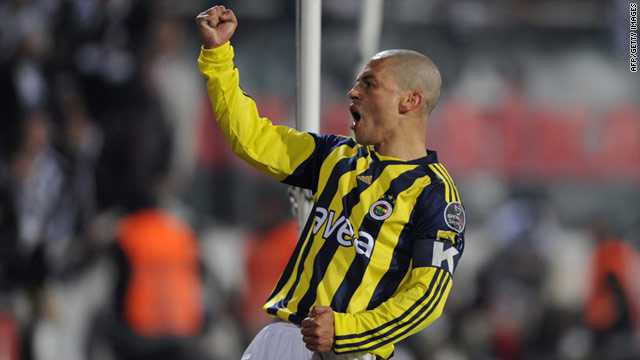 Fenerbahce's Alex De Souza celebrates after scoring against the club's Istanbul rivals Besiktas in February