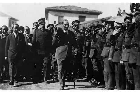 Mustafa Kemal Ataturk inspects troops at an officer's training school in Constantinople in 1926.  Bettmann / Corbis