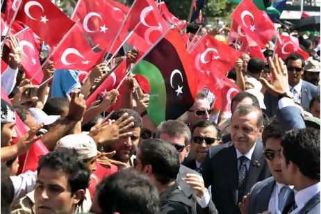 The Turkish prime minister Recep Tayyip Erdogan visiting Libya on Friday. He also attended a rally at Martyrs' Square in Tripoli. Suhaib Salem / Reuters