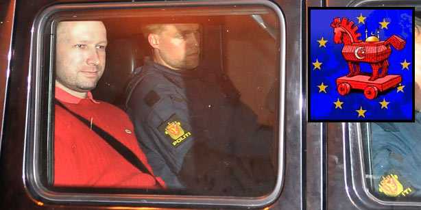 Bomb and terror suspect Anders Behring Breivik is pictured in a police car leaving the courthouse in Oslo, Norway, 25 July 2011, after the hearing to decide his further detention. Inset image from a manifesto attributed to Anders Behring Breivik (R) shows a Trojan horse decorated with a Turkish flag.