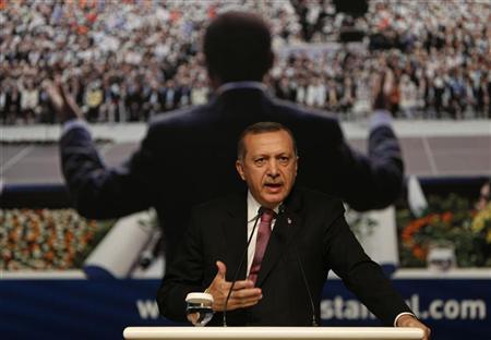 Turkey's Prime Minister and the leader of Justice and Development Party (AKP) Erdogan makes a speech during a party meeting in Istanbul
