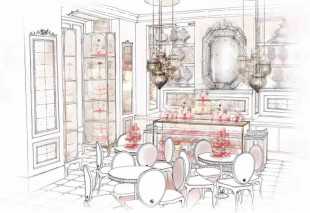 Hempel will add pink taffeta, moire silks, lace curtains, velvet cushions and tiny tables, in silver and cranberry tones to the design of the patisserie