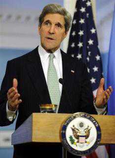 John Kerry makes remarks to the media before a bilateral meeting with Ban Ki-moon at the State Department in Washington