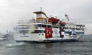 Turkish cruise ship Mavi Marmara, carrying pro-Palestinian activists and humanitarian aid to Gaza, leaves from Sarayburnu port in Istanbul