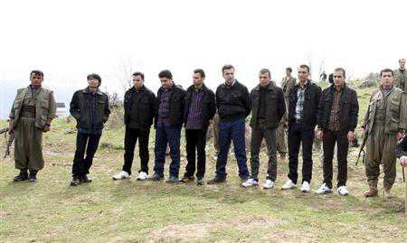 The eight Turkish prisoners are seen as they are released in the northern Iraqi city of Dohuk