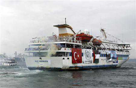 Turkish ship Mavi Marmara, carrying pro-Palestinian activists to take part of a humanitarian convoy, leaves from Sarayburnu port in Istanbul