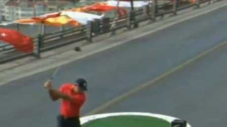 Tiger Woods makes a historic ball-hit on Istanbul’s Bosphorus Bridge between Asia and Europa