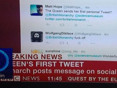 Queen’s first tweet: Reply telling Her Majesty to ‘f*** off’ broadcast on BBC News