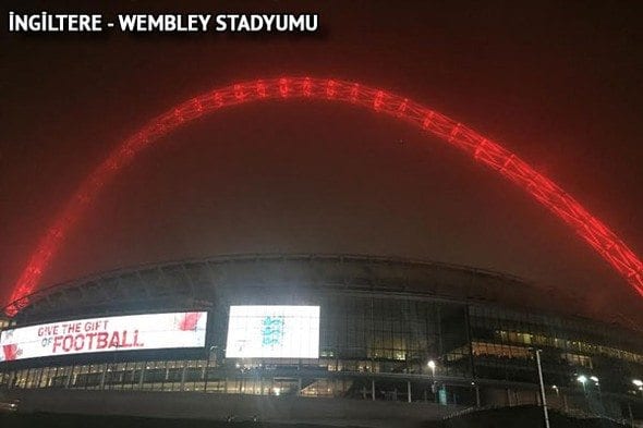 Wembley Stadium arch in red after terror attack outside Besiktas Stadium