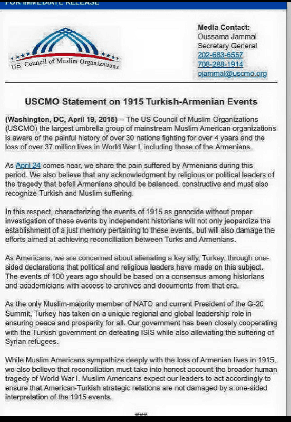 US Council of Muslim Organization’s Declaration on Armenian Genocide allegations