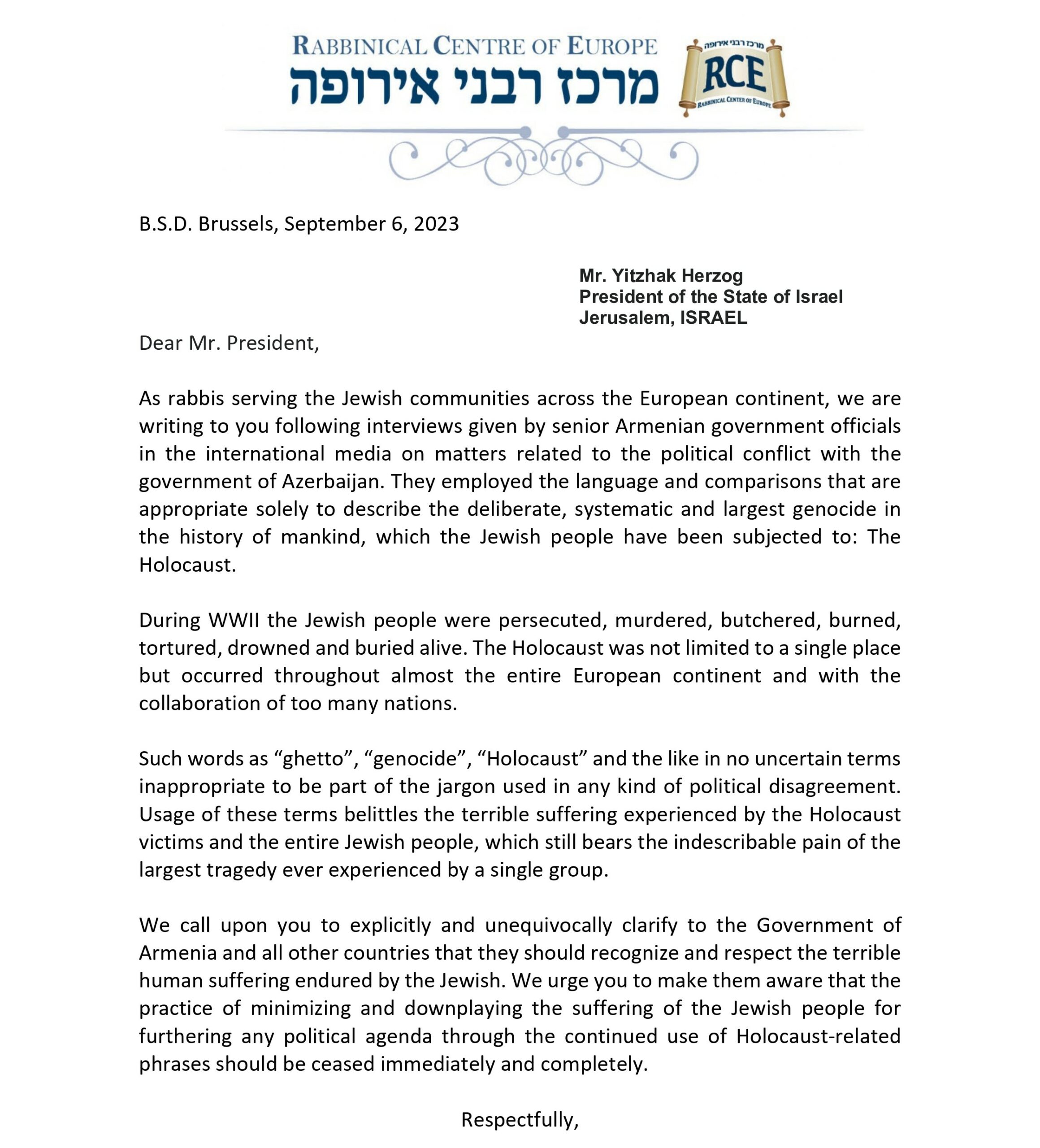 Letter of European Rabbis