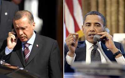Beyaz Saray, "ABD Başkanı Barack Obama ile Başbakan Recep Tayyip Erdoğan'ın dün akşamki telefon görüşmesinde, Libya halkının korunması için BM Güvenlik Konseyi'nin 1970 ve 1973 sayılı kararlarının tam şekilde uygulanmasına olan desteklerini yeniden teyit ettiklerini" bildirdi. Beyaz Saray'dan, Obama-Erdoğan görüşmesine ilişkin yapılan yazılı açıklamada, "Obama ve Erdoğan, Libya halkının korunması için BM Güvenlik Konseyi'nin 1970 ve 1973 sayılı kararlarının tam şekilde uygulanmasına olan desteklerini yeniden teyit ettiler. Liderler, bunun, BM kararlarını hayata geçirmek ve uygulamak için, en üst düzeyde etkinliğin sağlanması amacıyla NATO'nun eşsiz çok uluslu komuta ve kontrol kapasiteleriyle olanak sağlanan ve ulusal katkıları temel alan, Arap ülkeleri de dahil olmak üzere geniş çaplı uluslararası çabayı gerektireceği yönünde görüş birliğine vardılar" ifadelerine yer verildi. - obama erdogan