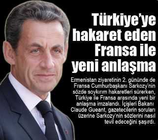 Ermenistan ziyaretinin 2. gününde de Fransa Cumhurbaşkanı Sarkozy’nin sözde soykırım hakaretleri sürerken, Türkiye ile Fransa arasında yeni bir anlaşma imzalandı. İçişleri Bakanı Claude Gueant, gazetecilerin soruları üzerine Sarkozy’nin sözlerini nasıl tevil edeceğini şaşırdı. - 315833 292253270787105 143293779016389 1276986 122063190 n
