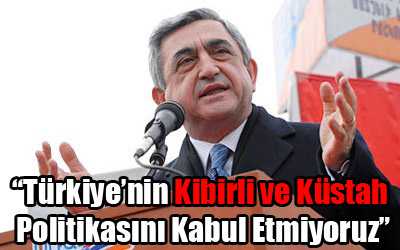 Ermenistan Cumhurbaşkanı Serj Azati Sarkisyan, seçim kampanyasında Türkiye kartını oynuyor. Sarkisyan, seçim kampanyasında yaptığı konuşmada, "Ermeni soykırımı" iddialarına ilişkin, "Adalet ve tazminat talebimiz devam edecek ve Türkiye'nin küstah ve kibirli politikasını kabul etmiyoruz" ifadesini kullandı. - 300412 sargsyan