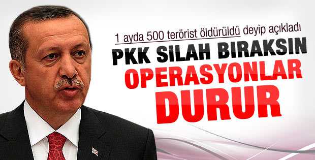 Erdoğan, Cedide Abalıoğlu Anadolu İmam Hatip Lisesi'nde, yaptığı konuşmada son 1 ay içinde düzenlenen operasyonlarda 500 teröristin etkisiz hale getirildiğini açıkladı. Başbakan ayrıca terör örgütünün silah bırakması halinde operasyonların duracağını ifade etti. - T