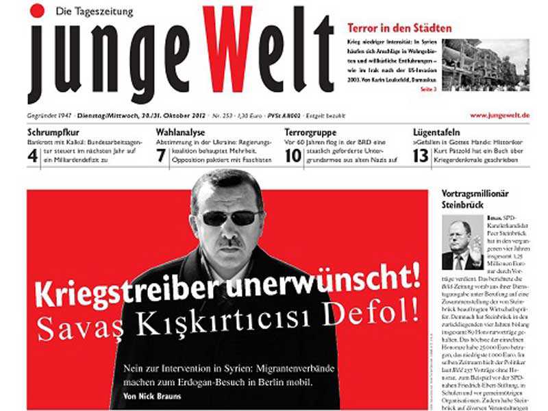 Yahudi sermayesiyle yayın yapan Alman Junge Welt Gazetesi dün Almanya’ya resmi bir ziyaret gerçekleştiren Türkiye Cumhuriyeti Başbakanı Erdoğan’ı çirkin bir manşetle karşıladı. - resim270492 2