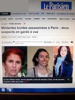 Fransa'nın başkenti Paris’te 9 Ocak'ta PKK’nın kurucularından Sakine Cansız, Kürdistan Ulusal Kongresi Paris Temsilcisi Fidan Doğan ve Leyla Söylemez'in susturuculu silahla öldürülmesiyle ilgili Türkiye doğumlu iki kişi dün gözaltına alındı. Gözaltına alınanlardan birinin kadınların şoförü olduğu bildirildi. - 18959496