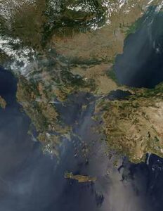 Arnavutluk: Balkan Jeopolitiğinin Kilit Ülkesi - 300px Balkan Fires Earth from Aqua EOS PM 1 2007 07 25