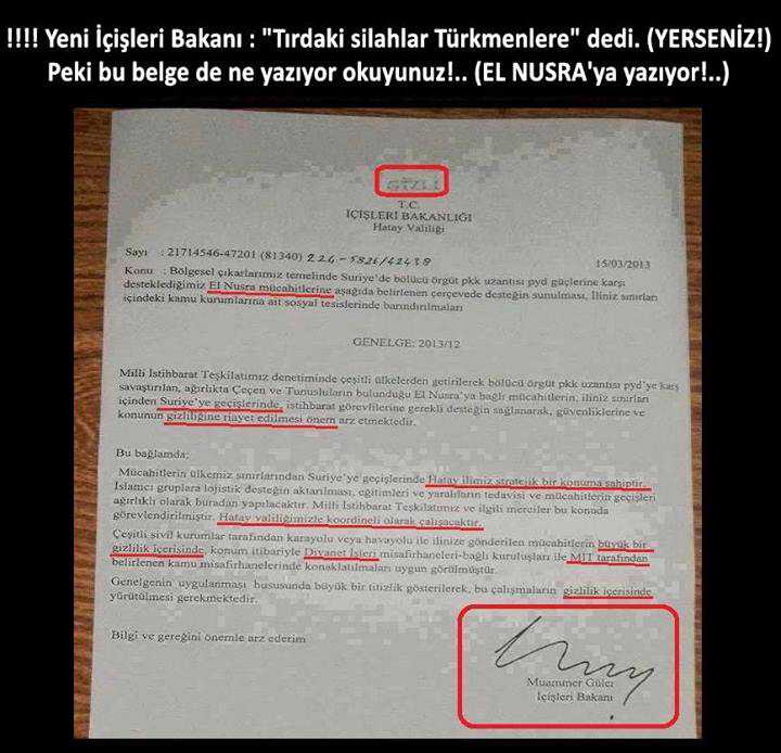 <p>!!!! Yeni İçişleri Bakanı : "Tırdaki silahlar Türkmenlere" dedi. (YERSENİZ!)
Peki bu belge de ne yazıyor okuyunuz!.. (EL NUSRA'ya yazıyor!..)</p> - 1557622 10202833967110561 532063233 n