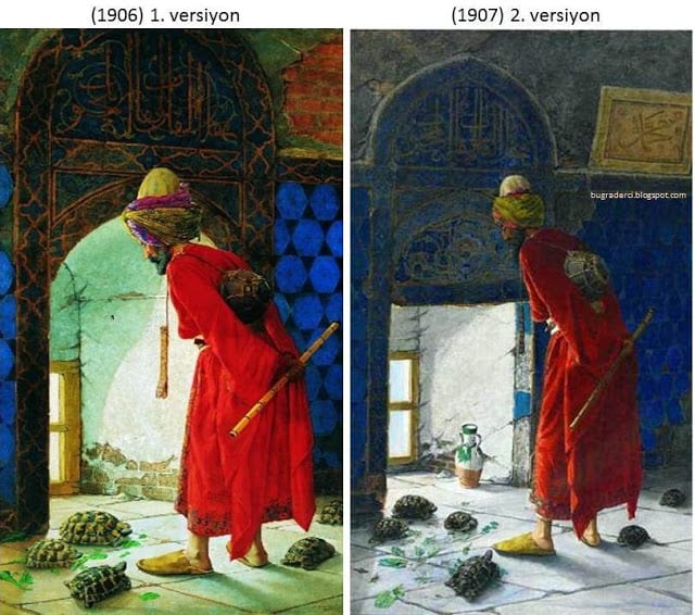 Osman Hamdi Beyin kaplumbağa terbiyecisi iki farklı versiyonu 1906 ve 1907 yıllarında