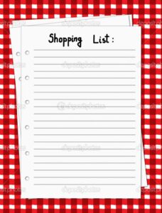 Vector illustration of a blank shopping list on a red and white tablecloth, vector illustration