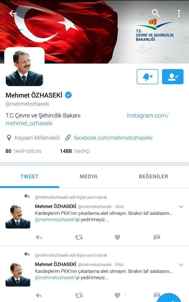 Çevre ve Şehircilik Bakanı Mehmet Özhaseki sahte hesap yerine yanlışlıkla kendi hesabından twit atınca gerçek ortaya çıktı. - bakan ozhaseki den kendisine destek twitter hesaplarini karistirdi 223160 1