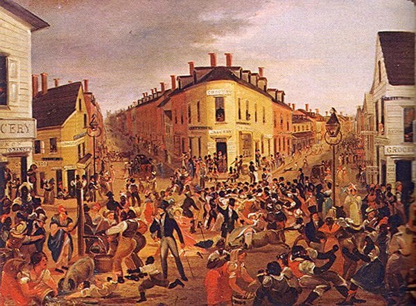 The Five Points district of lower Manhattan, painted by George Catlin in 1827. New York’s first free Black settlement, Five Points was also a destination for Irish immigrants and a focal point for the stormy collective life of the new working class. Cops were invented to gain control over neighborhoods and populations like this.