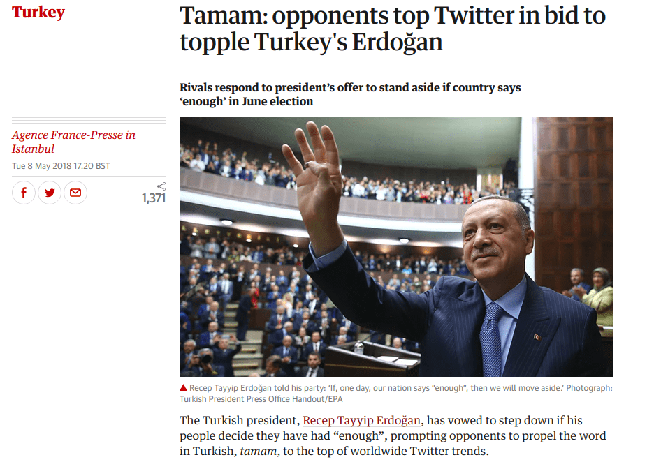 The Guardian Twitter'da bir anda çığ gibi büyüyen ve dünyada en çok paylaşılan Tweet olan "TAMAM" sözcüğünün ne anlama geldiğini haber yaptı. - tamam enought guardian top tweet