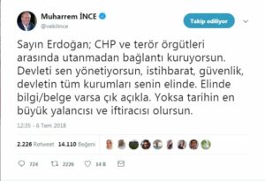 Muharrem İnce, Erdoğan'ın CHP ile Pkk'yı bir tutarak yaptığı eleştirilerine Twitter hesabından sert yanıt verdi. - Adsız 2