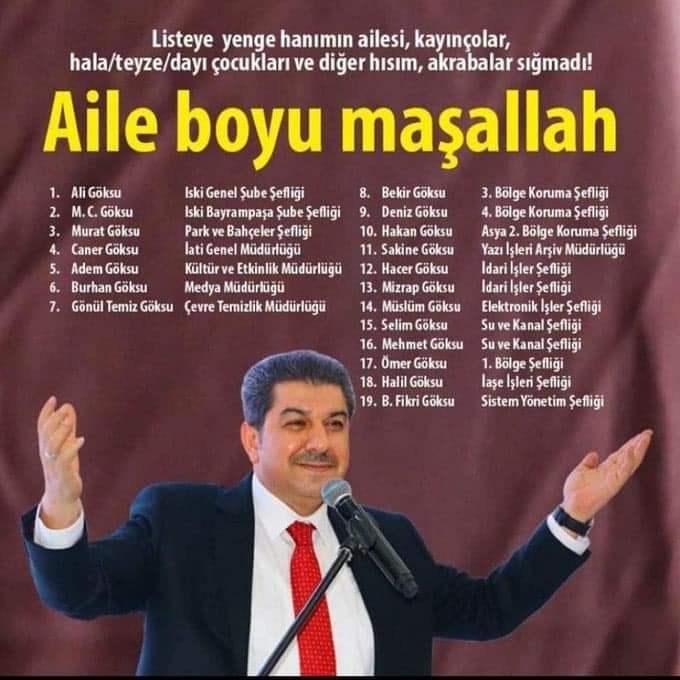 <p>Esenler Belediye Başkanı Mehmet Tevfik Göksu'nun 7 sülalesi İBB'de...
Yediler yediler doymadılar AKP nin din tüccarları‼️</p> - FB IMG 1569705033792
