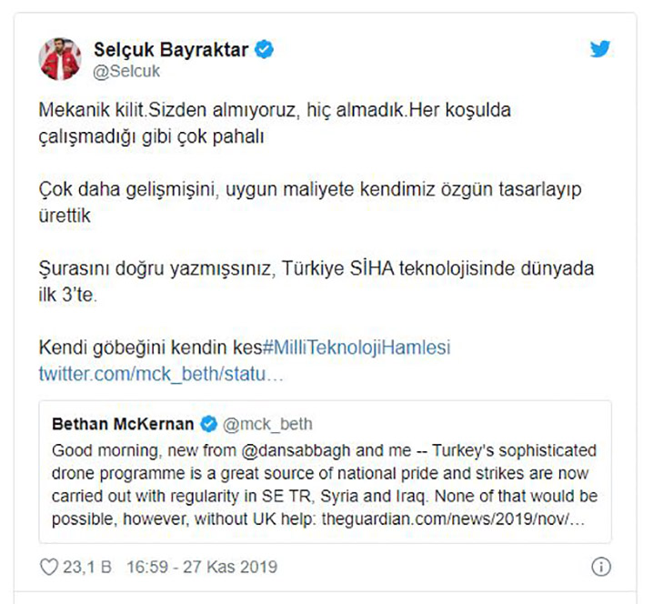 Baykar Teknik Müdürü Selçuk Bayraktar, İngiliz The Guardian gazetesinin, "İngiliz şirket Baykar'a sistem satmasaydı, Türkiye şu anda İHA alanında global bir güç olamazdı" iddiasına Twitter'dan yanıt verdi. - Selcuk Twitter