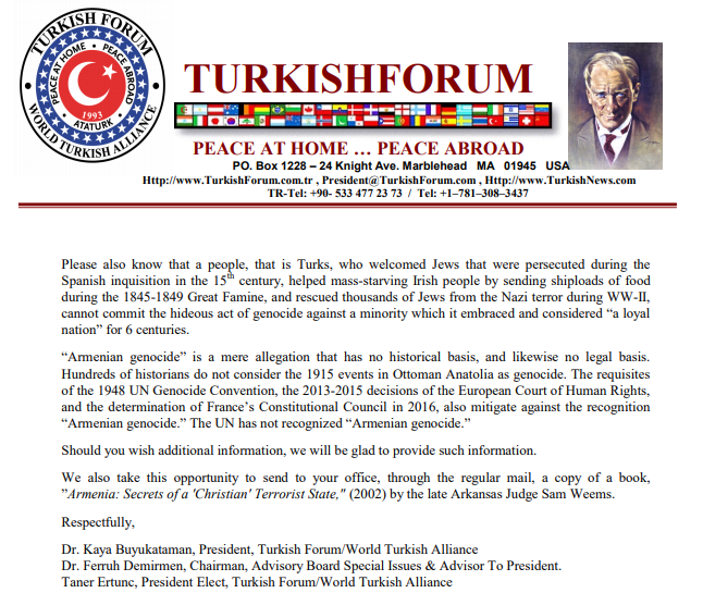 TURKISH FORUM’DAN ERMENI TEZINE HAYIR DIYEN 11 MILLETVEKILINE GIDEN TESEKKUR MESAJI