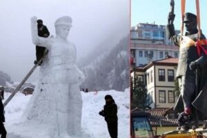 Rizede kaldırılan Atatürk heykeli yerine kardan Atatürk heykeli yapan gençler; - FB IMG 1582710820626