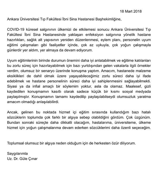 Enfeksiyon uzmanı sayın doktor Güle Çınar konu ile ilgili aşağıdaki özür mektubunu yayınlamıştır. - dr gule cinar ozur ibni sina