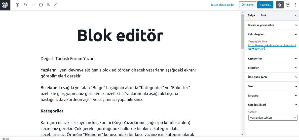 Blok editörde kategori seçimi