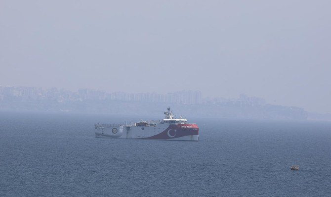 In this photo taken Monday, July 27, 2020, Turkey’s research vessel, Oruc Reis, anchored off the coast of Antalya on the Mediterranean, Turkey. A top Turkish official said Tuesday that Turkey will suspend research for oil and gas exploration in disputed waters in the Eastern Mediterranean. President Recep Tayyip Erdogan told his aides to “be constructive and put this on hold for some time,” presidential spokesman Ibrahim Kalin told Turkish broadcaster CNN Turk.