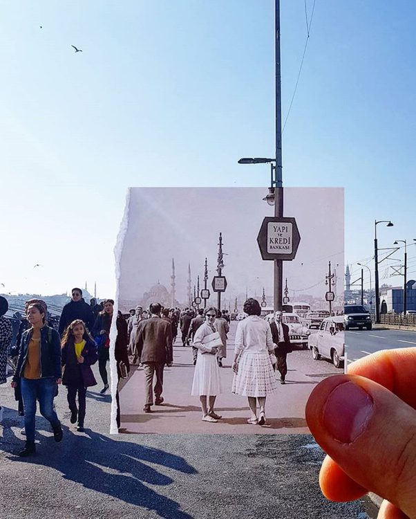 İstanbul'un gelişimini bugün çekilen fotoğrafların içine yerleştirilen tarihi fotoğraflar ile izleyebilirsiniz. - Galata Bridge