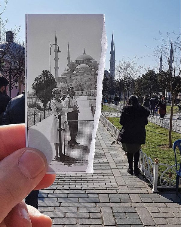 İstanbul'un gelişimini bugün çekilen fotoğrafların içine yerleştirilen tarihi fotoğraflar ile izleyebilirsiniz. - Sultanahmet cami The Blue Mosque