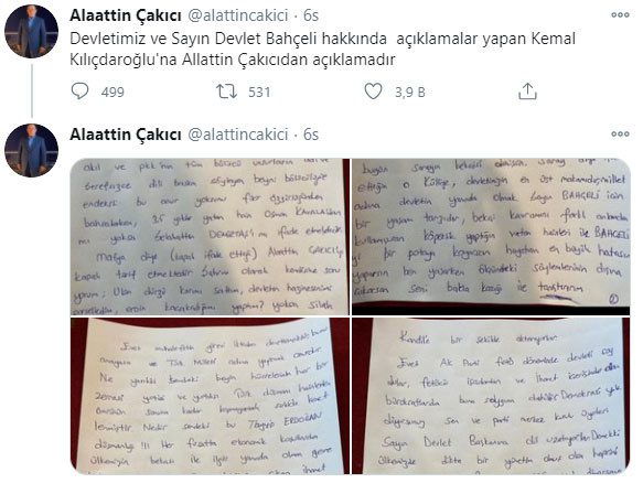 Alaatin Çakıcı Kılıçdaroğlu'nun sözlerine cevaben danışmanı Gazeteci Ferhat Aydoğan aracılığı ile Kılıçdaroğlu ve avenesine çok sert bir dille açıklama yaptıİşte o açıklama ; - alaatin cakici kilicdaroglu mektubu