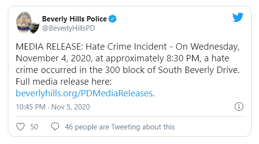 Beverly Hills polisi olay hakkında bilgi sahibi olanların 310-285-2125, veya 800-222-TIPS numarayı aramalarını istiyor. - beverly hills