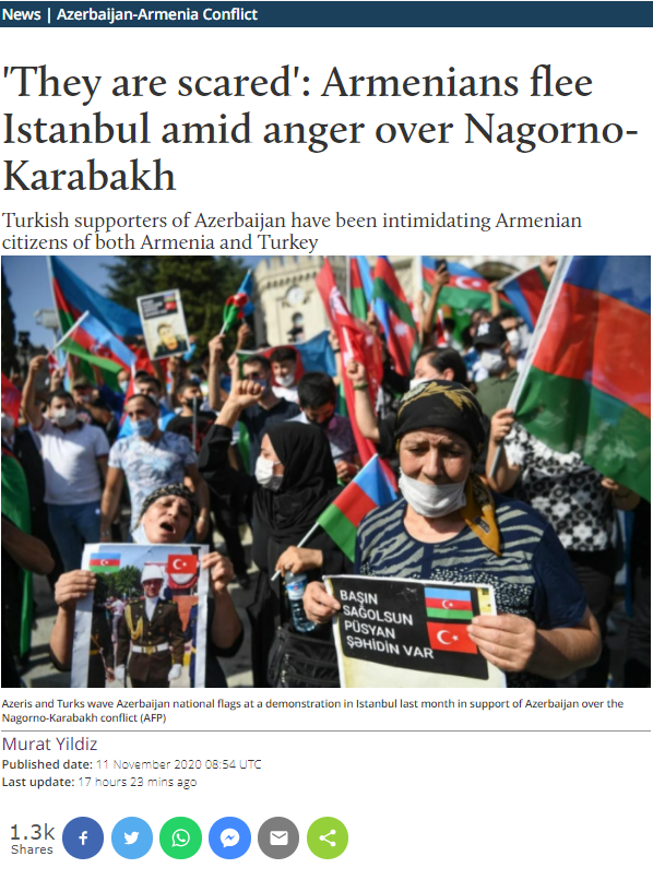 'Korkuyorlar': Ermeniler Dağlık Karabağ'a öfke içinde İstanbul'dan kaçıyor şeklinde başlık atan gazete Türkiye'de yaşayan bazı Ermeniler ile görüşmüş. - ermeniler donuyor
