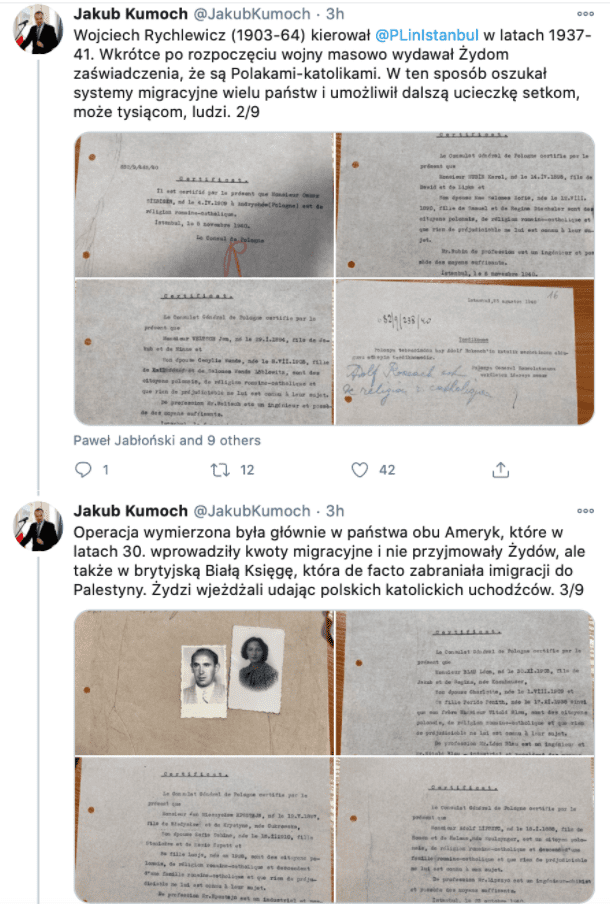 Yeni açıklanan belgelere göre, Polonya'nın 2. Dünya Savaşı'nda İstanbul Başkonsolosu Wojciech Rychlewicz, güvenli bir şekilde kaçmalarını mümkün kılan belgeler düzenleyerek binlerce Yahudi mülteciyi kurtardı. - Jakub Kumoch polonya arsiv tweeter